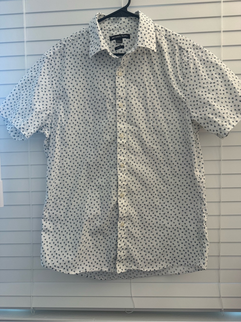 Michael Kors White Short-Sleeve Button-Down with Navy Micro Print